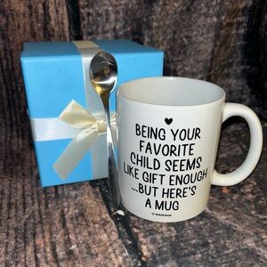 Mug for Dad or Mom “Being Your Favorite Child…” W/Stainless Spoon and Gift Box